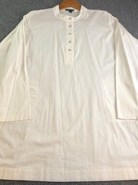 Eileen Fisher Tunic Shirt Womens Medium White Organic Cotton Band Collar Button